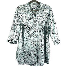 Chico's Women's Blouse Top Large 100% Linen Paisley‎ Button Up 3/4 Sleeve Blue